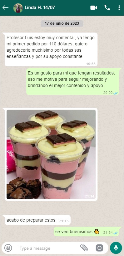 Pedidos recibidos por WhatsApp de alumnas
