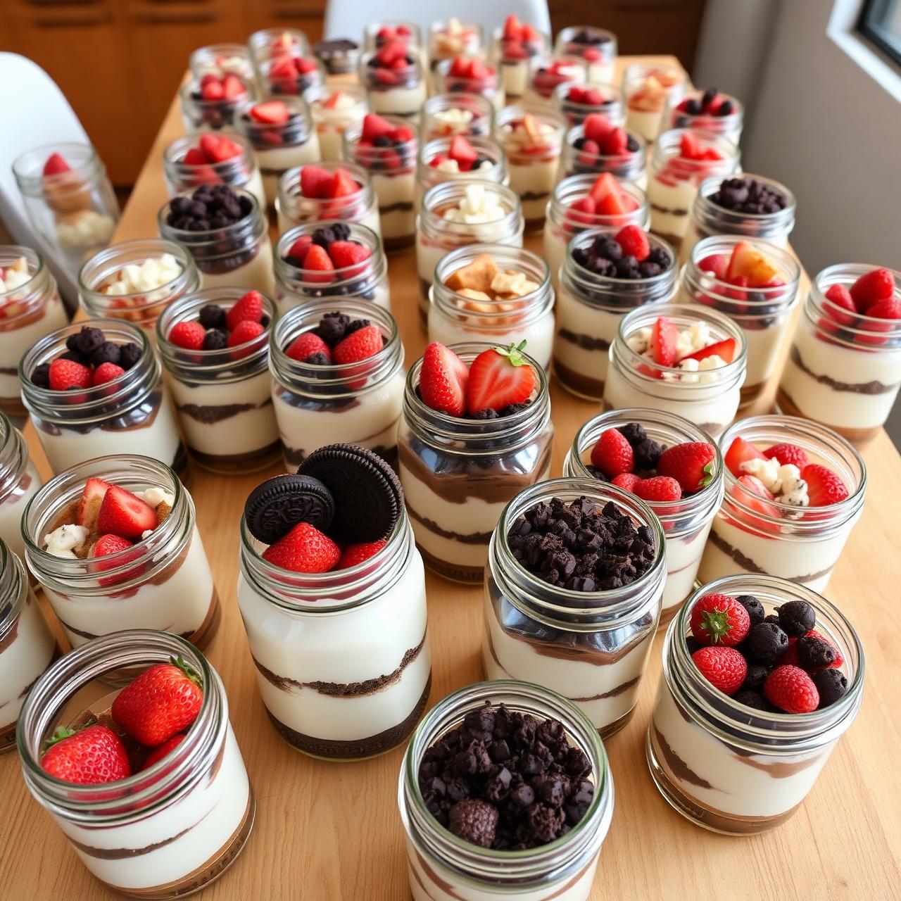 Mesa llena de postres en vaso listos para vender